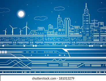 White lines train on the background of the light city, vector design art