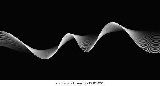 Onda de líneas blancas sobre un fondo negro. Onda de sonido dinámica. Elemento de diseño. fondo aislado. Cinta lisa curvada. Blanco y negro.