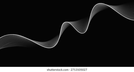 White lines wave on a black background.Dynamic sound wave. Design element.isolated background. Curved smooth tape.Black and white. Eps 10