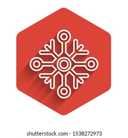 White lineSnowflake icon isolated with long shadow. Red hexagon button. Vector Illustration