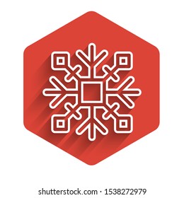 White lineSnowflake icon isolated with long shadow. Red hexagon button. Vector Illustration