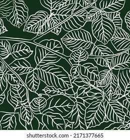 white Line,vector,hand drawing,natural pattern of exotic leaves.white and yellow,Tropical seamless ,floral leaf  green background 