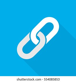 White link sign on blue background with long shadow. Chain icon in flat design. Vector illustration.