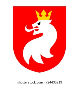 White lion head with yellow crown on red shield. Heraldry.
