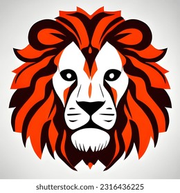 white lion logo, big, dashing lion, mouth open, sharp fangs, big ears, lion, long thick orange hair, authoritative, brave.