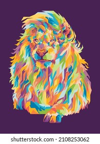 white lion in style wpap pop art portrait, head lion colorful with dark purple background.