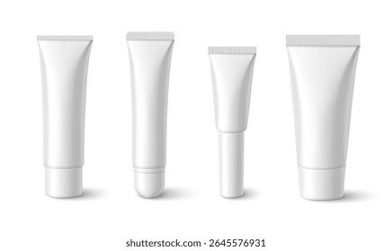 White lip cream tube collection in different sizes and cap styles for cosmetic packaging mockups. Plastic containers for professional beauty product designs - balm, gloss and moisturizer formats.
