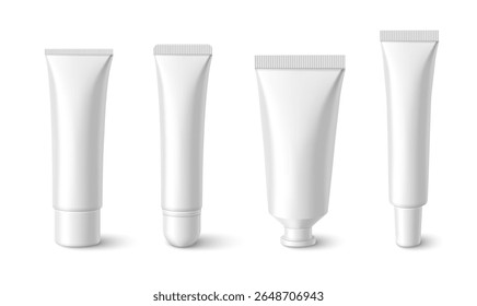 White lip cream tube collection in different sizes and cap styles for cosmetic packaging mockups. Plastic containers for professional beauty product designs - balm, gloss and moisturizer formats.