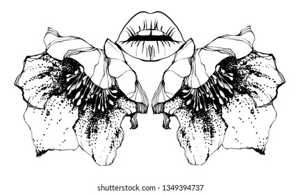 white lips . helleborus nifty gentle hand drawn botanica . Vintage nature element for visit card or wedding invitation. Stylish flower, fancy blossom. Black line  tattoo sketch. Herbal culm.
