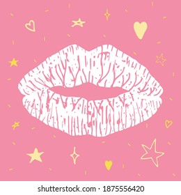 Los labios blancos sobre un fondo rosado. Textural, hermosos labios femeninos sexys. Besos, corazones, estrellas. Ilustración vectorial de moda para diseño de vacaciones, impresiones, tarjetas. Tarjeta de bienvenida de San Valentín.