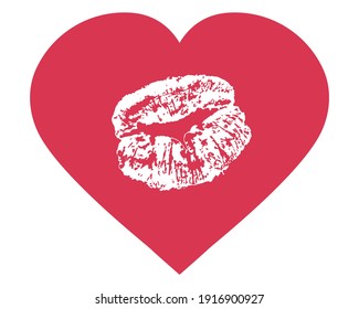 White lips print in shape of red heart. Love sign, wedding invitation, Valentine card, etc. Vector illustration.