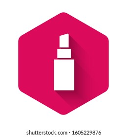 White Lipstick icon isolated with long shadow. Pink hexagon button. Vector Illustration