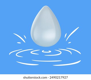 White liquid drop in realistic 3d style with hand drawn silhouette waves liquid. Minimalistic modern collage. Vector illustration.