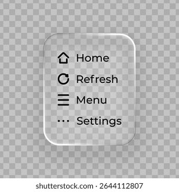 White liquid glass frame with navigation buttons for web design. Modern UI component with home, refresh, menu, and setting options. Transparent interface.