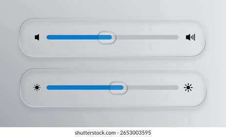 Volume do vetor de vidro líquido branco e controles deslizantes de brilho. Elemento de design UX UI para controle de som e ajuste de exibição. Limpar símbolo do botão da interface.