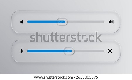 White liquid glass vector volume and brightness sliders. UI UX design element for sound control and display adjustment. Clear interface button symbol.