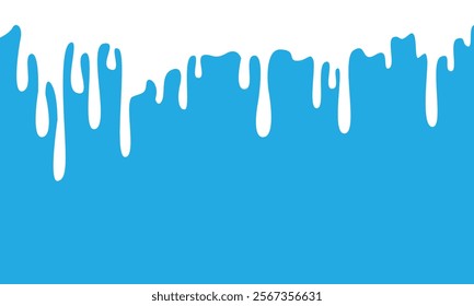 White liquid, milk drip seamless pattern, flow or cream wave border on blue background. Vector