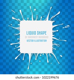 White liquid rhombus banner with splash drops. Vector illustration on transparent background.