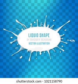 White liquid round banner with splash drops. Vector illustration on transparent background.
