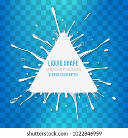 White liquid triangle banner with splash drops. Vector illustration on transparent background.