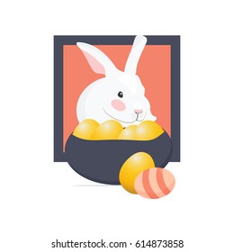 White little bunny and a basket full of Easter eggs on a pink background.
