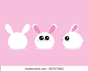 White little bunny with big black eyes and brown nose. It's only one bunny but in three point of view- front, back, and side.