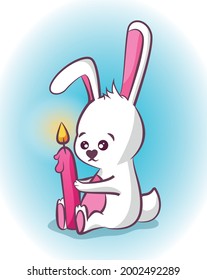 White little bunny with candle. Funny cartoon character. Vector illustration of little rabbit
