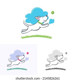 White little dog jumping and running, playing with ball cartoon style illustration. Logo for pet playgrounds, training and recreation