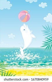 White little dolphin jumping out of water and playing a big colorful ball on a tropical beach on a sunny summer day, vector cartoon illustration