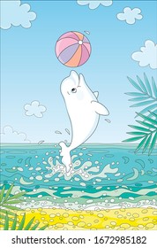 White little dolphin jumping and playing a colorful striped ball in blue water of a tropical beach on a sunny summer day, vector cartoon illustration