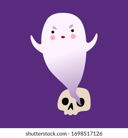 White Little Ghost Flying From Human Skull Bone, Cute Halloween Spooky Character Vector Illustration
