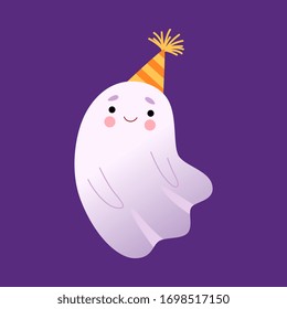 White Little Ghost in Party Hat, Cute Halloween Spooky Character Vector Illustration