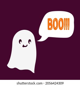 White little ghost with a speech bubble "BOO!!!". Halloween decor. Vector illustration. EPS10