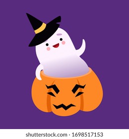 White Little Ghost Wearing Witch Hat, Cute Halloween Spooky Character Flying out of Pumpkin Vector Illustration