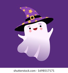 White Little Ghost Wearing Witch Hat, Cute Halloween Spooky Character Vector Illustration