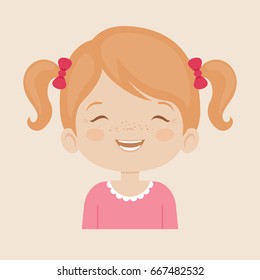 White little girl laughing facial expression, cartoon vector illustration isolated on cream background. Pretty little girl emoji laughing out load with closed eyes and open mouth. 