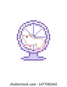 White little hamster running in a violet wheel, cute pixel art character isolated on white background. 8 bit rodent icon. Pet shop logotype. Old school vintage retro slot machine/video game graphics.
