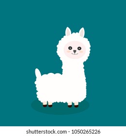 white little llama,  alpaca on a green background, nice smile