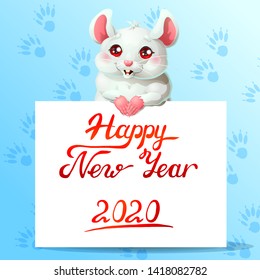 The white little mouse stands with paws on a white banner or a poster with letters Happy New Year 2020 on blue background. A vector illustration in cartoon 3d style.