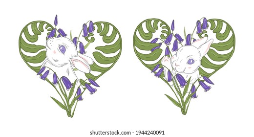 White little rabbit among flowers and leaves, cute bunny among fern leaves in heart shape, vector illustration