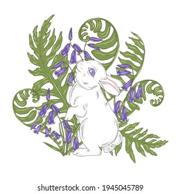 White little rabbit among flowers and leaves, cute bunny among fern leaves, vector illustration