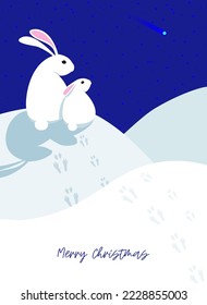 White little rabbits on a snowdrift in frosty snowy weather, against the background of the starry sky, watching a shooting star. Vector illustration