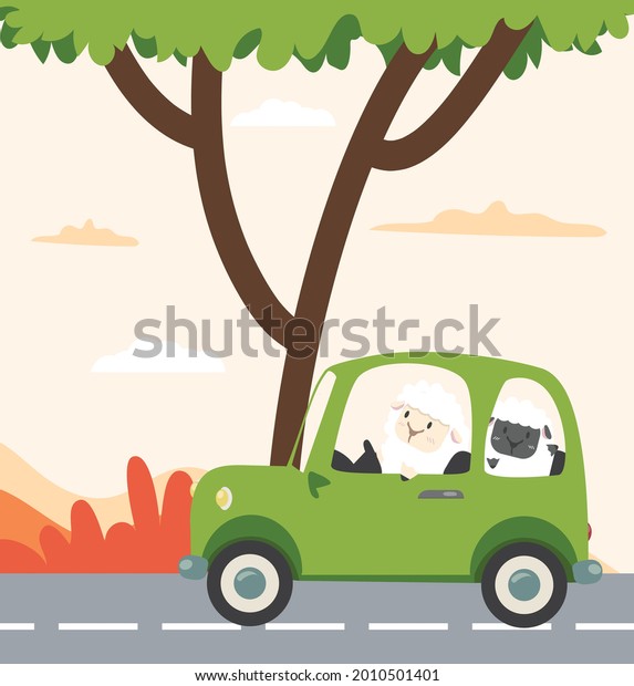 white little sheep and black sheep driving car \
Flat styled