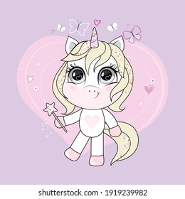 White little unicorn with blonde hair holding magic wand. Trendy style, modern pastel colors.