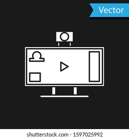 White Live streaming online videogame play icon isolated on black background.  Vector Illustration