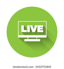 White Live streaming online videogame play icon isolated with long shadow background. Green circle button. Vector