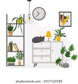 White living room interior design with posters and shelves, cat, indoor plants. Vector flat illustration.