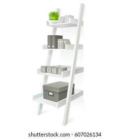 white living room open leaning wooden ladder wall shelves display bookcase furniture filled with grey books, decor, storage box and potted plant isolated on white background. vector illustration