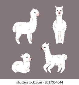 White llama, alpaca collection, cute illustration and design for nursery design, poster, birthday or greeting card. Vector set on dark background