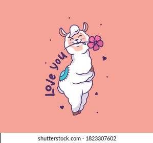The white llama alpaca hugs himself and holds a flower. Cartoonish animal with lettering phrase Love you. Good for t-shirt designs, stickers, ads, cards, etc. This is a vector illustration 